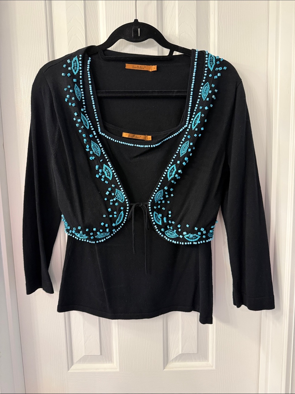 Belldini Black Tank Top with Teal Embroidered Bolero